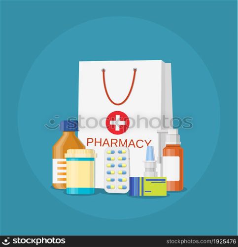 paper packet with medicine pills bottles liquids and capsules icon. pharmacy and drugstore concept vector illustration in flat style.. Modern interior pharmacy and drugstore.