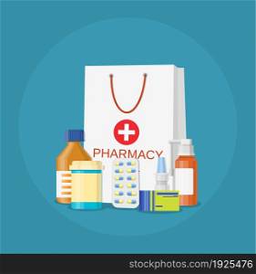 paper packet with medicine pills bottles liquids and capsules icon. pharmacy and drugstore concept vector illustration in flat style.. Modern interior pharmacy and drugstore.