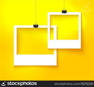 Paper photo frames composition. Vector template with photo frames on bright orange background for summer design. Photo frames realistic vector illustration. . Paper photo frames composition. Vector template with bright orange background for summer design