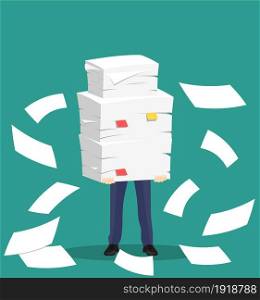 Paper pile with a man. Vector illustration in flat style. Office routine. Paper pile with a man