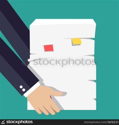 Paper pile with a man. Vector illustration in flat style. Office routine. Paper pile with a man