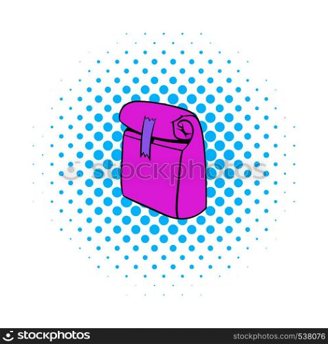 Paper pink lunch bag icon in comics style on a white background. Paper pink lunch bag icon, comics style