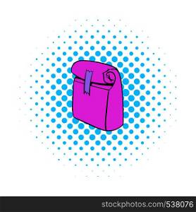 Paper pink lunch bag icon in comics style on a white background. Paper pink lunch bag icon, comics style