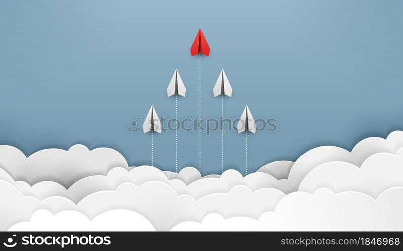 Paper plane are competition to destination up to the clouds and sky go to success goal. financial concept. leadership. creative idea. nature landscape and concept of business by paper art. vector.