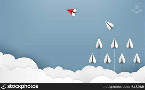 Paper plane are competition to destination up to the clouds and sky go to success goal. financial concept. leadership. creative idea. nature landscape and concept of business by paper art. vector.