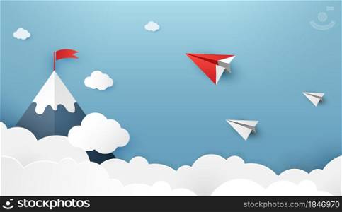 Paper plane are competition to destination up to the clouds and sky go to success goal. financial concept. leadership. creative idea. nature landscape and concept of business by paper art. vector.