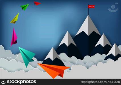 Paper plane are flying to the red flag target on mountains while flying above a cloud. business finance success. leadership. startup. creative idea. illustration cartoon vector