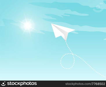 Paper plane flying in blue sky. Pattern mockup design vector illustration. Airplanes made as origami from paper. White airplanes on pattern layout. Aircrafts fly between clouds and light in sky. Aircrafts fly between clouds and light in sky. Pattern mockup design with white paper planes