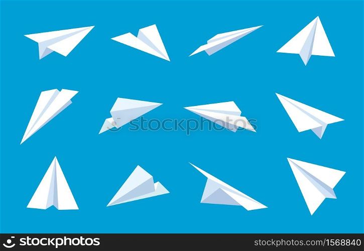 Paper plane. Flying planes in blue sky, white paper airplanes from different direction, message or traveling flat vector symbols. Paper plane in blue sky, sheet origami aircraft illustration. Paper plane. Flying planes in blue sky, white paper airplanes from different angles and direction, message or traveling flat vector symbols