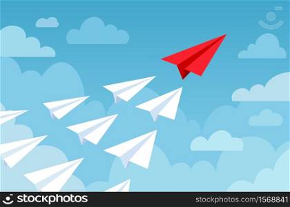 Paper plane. Flying planes white and red color, start up new idea, leadership. Business competition, success financial goal vector concept. Paper plane, airplane origami in sky illustration. Paper plane. Flying planes white and red color, start up new idea, leadership. Business competition, success financial goal vector concept
