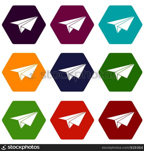 Paper plane icon set many color hexahedron isolated on white vector illustration. Paper plane icon set color hexahedron