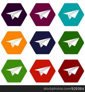 Paper plane icon set many color hexahedron isolated on white vector illustration. Paper plane icon set color hexahedron