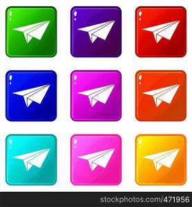 Paper plane icons of 9 color set isolated vector illustration. Paper plane icons 9 set