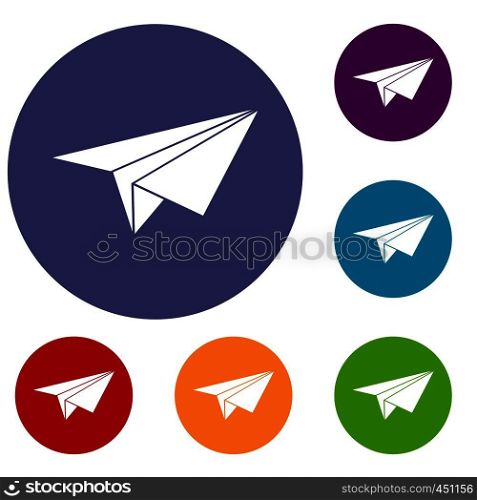 Paper plane icons set in flat circle reb, blue and green color for web. Paper plane icons set