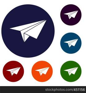 Paper plane icons set in flat circle reb, blue and green color for web. Paper plane icons set