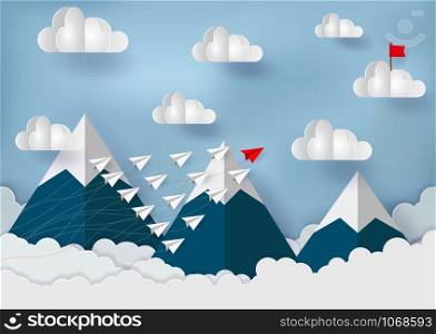 paper plane is competing with the destination through the mountains to the sky, with red flags on the clouds. Financial business idea are competing for success and corporate goal. Failure to start up.