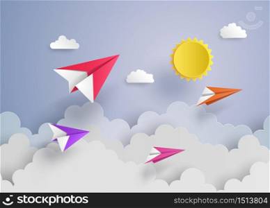 paper plane on blue sky with cloud