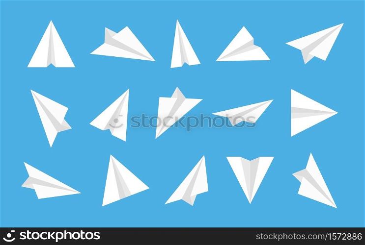 Paper plane. Origami airplane. White isometric icon for fly. Launch 3d aeroplane in flat style. Set of design logo on blue background. Travel and aviation concept. Startup of buisness idea. Vector.. Paper plane. Origami airplane. White isometric icon for fly. Launch 3d aeroplane in flat style. Set of design logo on blue background. Travel and aviation concept. Startup of buisness idea. Vector