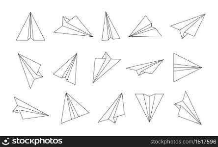 Paper plane. Outline airplane icons. Sketch origami planes for travel, fly and mail. Doodle of airplane flight. Drawing art in line style. Cartoon icons on white background. Vector.. Paper plane. Outline airplane icons. Sketch origami planes for travel, fly and mail. Doodle of airplane flight. Drawing art in line style. Cartoon icons on white background. Vector