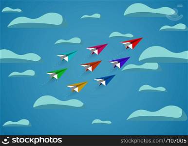 paper plane red and colorful competition charged up to the sky while flying above a cloud. business finance success. leadership. creative idea. startup. illustration cartoon vector