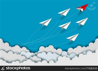 paper plane red and white competition charged up to the sky while flying above a cloud. business finance success. leadership. creative idea. startup. illustration cartoon vector