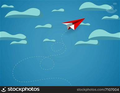 paper plane red flying up to the sky while fly above a cloud. business finance success. creative idea. illustration cartoon vector