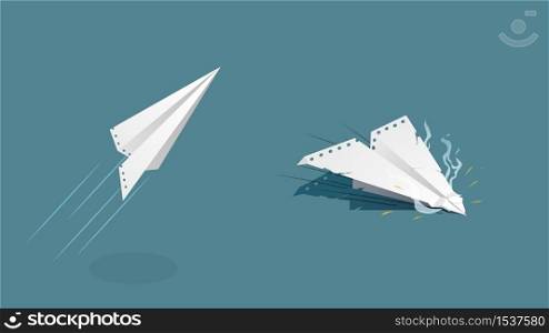 Paper plane rise and fall. White airplane paper sheet takes off crashes vector concept financial life disaster creative clipart launch fall of hope.. Paper plane rise and fall. White airplane paper sheet takes off crashes.