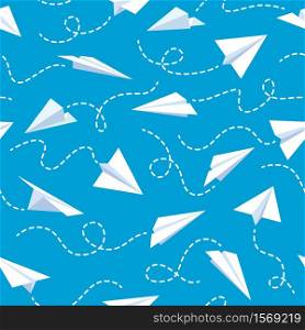 Paper plane seamless pattern. White flying airplanes in blue sky different direction with dotted line tracks wallpaper vector texture. Travel, route symbol repeated for fabric illustration. Paper plane seamless pattern. White flying airplanes in blue sky different direction with dotted line tracks wallpaper vector texture