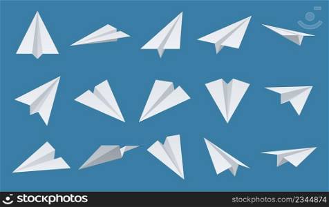 Paper plane. White aeroplanes. Different camera angles. Flying origami figure. Idea startup symbol. Folded airplanes flight. Aviation transportation or message sign. Vector 3D isolated aircraft set. Paper plane. White aeroplanes. Different camera angles. Flying origami figure. Idea startup symbol. Airplanes flight. Aviation transportation or message sign. Vector 3D aircraft set
