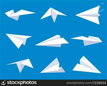 Paper plane. White origami paper airplanes from different angles in blue sky, flying simple planes for logo aviation design, flat vector set. Paper plane. White paper airplanes from different angles in blue sky, flying planes for logo aviation design, flat vector set