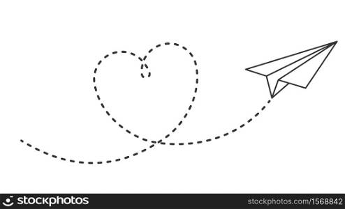 Paper plane with heart path. Flying airplane with dotted air route in heart, romantic or message valentine day card vector design. Love plane flight, airplane transport, airline travel illustration. Paper plane with heart path. Flying airplane with dotted air route in heart form, romantic or message valentine day card vector design