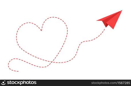 Paper plane with heart path. Flying origami red airplane with contour dotted trace in love form card design, travel or romantic message vector isolated concept. Paper plane with heart path. Flying airplane with contour dotted trace in love form card design, travel or romantic message vector concept