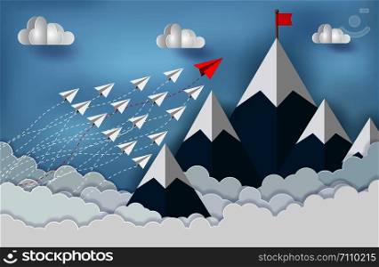 Paper planes are competing to destinations. Business Financial concepts are competing for success and corporate goals. illustration of nature landscape sky with cloud and mountain. paper art