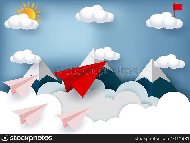Paper planes are competing to destinations. Business Financial concepts are competing for success and corporate goals. illustration of nature landscape sky with cloud and mountain. paper art