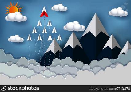 Paper planes are competing to destinations launch to the sky. Cloud Mountain. start up, Business Financial concepts are competing for success and corporate goals concept. vector illustration paper art