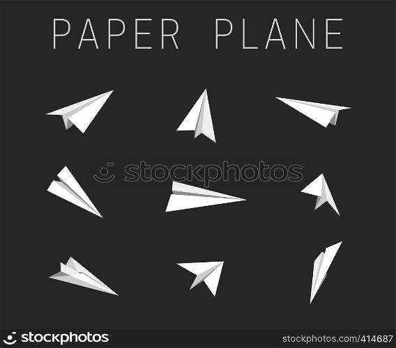 Paper planes different views on black background. . Paper planes icons