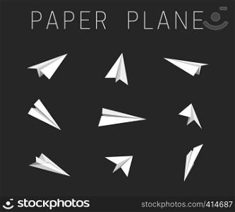 Paper planes different views on black background. . Paper planes icons