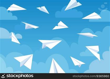 Paper planes in blue sky. White flying airplanes in clouds from different angles and direction. Teamwork, message or travel vector concept. Hitting target, delivering mail. Innovative solution. Paper planes in blue sky. White flying airplanes in clouds from different angles and direction. Teamwork, message or travel vector concept