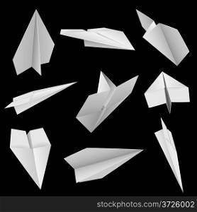 Paper planes on black background vector illustration.
