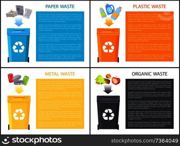 Paper plastic and metal organic waste, posters collection with text s&le in colorful boxes, garbage types sorting in bins set vector illustration. Paper Plastic and Metal Waste Vector Illustration