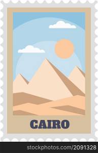 Paper post stamp with cairo sightseeing, old pyramids. Vector postage egypt architecture, africa cairo travel illustration, mail postal label. Paper post stamp with cairo sightseeing, old pyramids