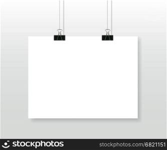 Paper poster blank template. Paper poster template. Blank white page with binder clips hanging against grey background. Empty sheet mockup design. Vector illustration.