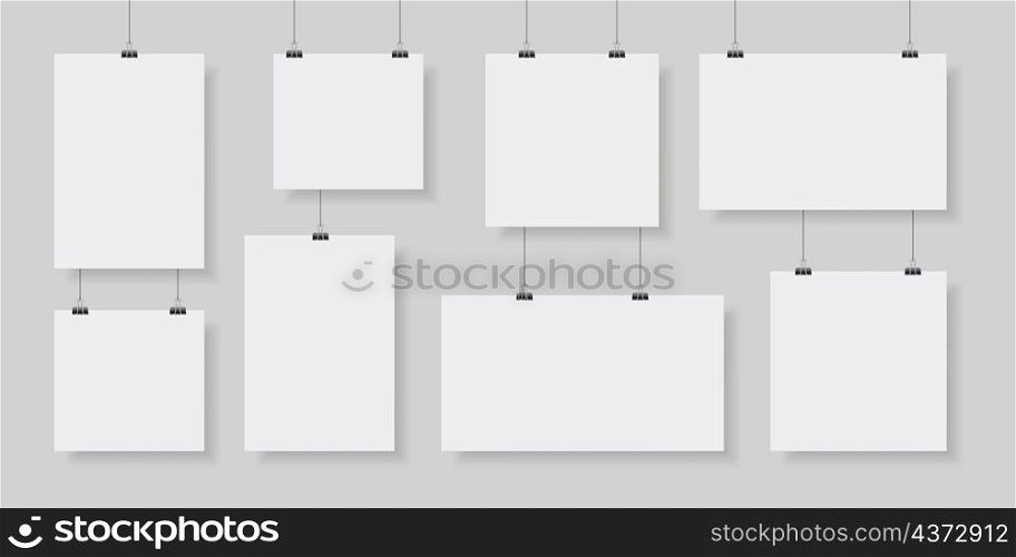 Paper poster hanging on clip and string, photo gallery mockups. Empty picture canvas display. Realistic paper pages board on wall vector set. Illustration of page blank mockup. Paper poster hanging on clip and string, photo gallery mockups. Empty picture canvas display. Realistic paper pages board on wall vector set