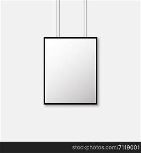 Paper poster with black frame mockup on grey wall with shadow in trendy realistic style. Isolated vector paper banner or poster hanging. EPS 10. Paper poster with black frame mockup on grey wall with shadow in trendy realistic style. Isolated vector paper banner or poster hanging.