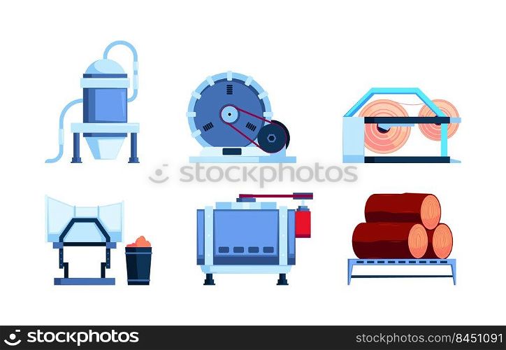 Paper production. Cardboard factory machines industry printing tools processing paper industry garish vector flat pictures. Illustration of paper manufacture equipment. Paper production. Cardboard factory machines industry printing tools processing paper industry garish vector flat pictures