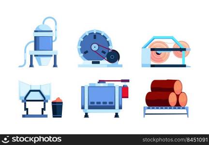 Paper production. Cardboard factory machines industry printing tools processing paper industry garish vector flat pictures. Illustration of paper manufacture equipment. Paper production. Cardboard factory machines industry printing tools processing paper industry garish vector flat pictures
