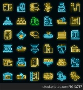 Paper production icons set. Outline set of paper production vector icons neon color on black. Paper production icons set vector neon