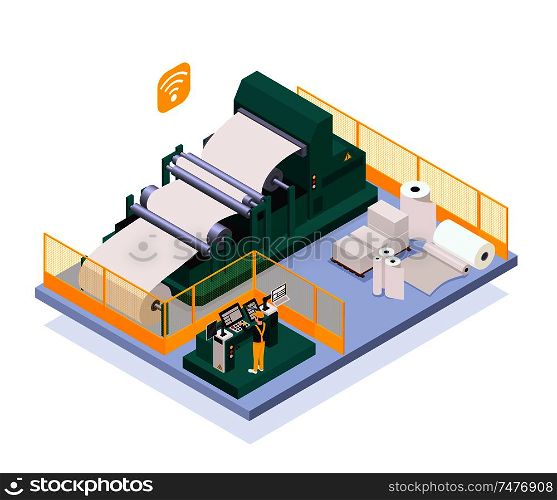 Paper production industry with newspaper and press symbols isometric vector illustration