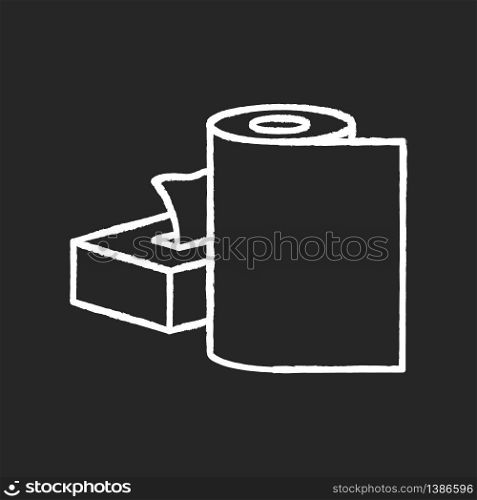 Paper products chalk white icon on black background. Disposable tissues in box package. Toiletries and tablecloth. Clear wipes. Supplies for cleanliness. Isolated vector chalkboard illustration. Paper products chalk white icon on black background