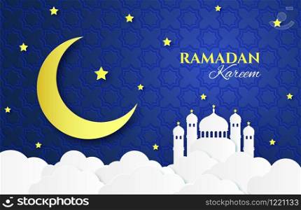 Paper Ramadan. Mosque, yellow moon and stars, clouds paper cut origami style, islamic festive greeting card, banner sky poster vector horizontal background. Paper Ramadan. Mosque, yellow moon and stars, clouds paper cut origami style, islamic festive greeting card, banner poster vector background